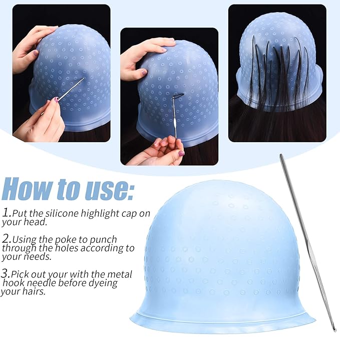 3 Pieces Reusable Silicone Hair Staining Cap Multicolor Hair Coloring Dye Cap with Metal Hook Silicone Hair Coloring Cap for Home Salon Hairdressing Tools (Blue, White, Purple)