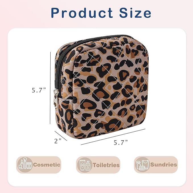Small Quilted Cosmetic Pouch for Purse, Mini Cotton Makeup Bag with Compartments, Cute Zipper Lipstick Holder for Women (22Leopard Print)