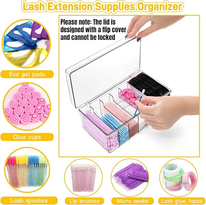 2 Pack Lash Extension Organizer, Clear Eyelash Cart Storage Boxes with 6 Compartments, Separated Large Capacity Eyelash Extension Supplies Storage Container for Lash Techs