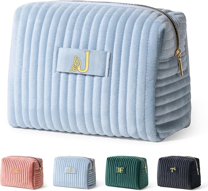 COSHAYSOO Travel Makeup Bag Quilted Make Up Pouch Initial Cosmetic Case with Butterfly Decorations for Women Compact Mirror Traveling Size Beauty Tools Accessories Organizer Blue Velvet Letter J
