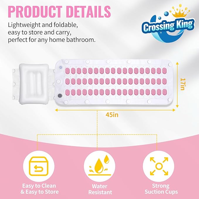 Bubble Bath Mat Tub Spa Massager, Portable Spa Bubble Bath Massager with Upgraded Powerful Suction Cup, Electric Air Pump, Pillow and Remote Control for Relaxation 45 * 17in (Pink)