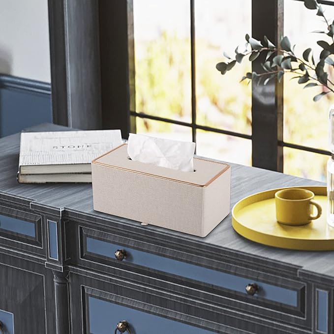 Fashion Leather Tissue Box Holder,Rectangular Tissue Box Cover for Bathroom Dresser Night Stand,Napkin Box Drawer Paper Dispenser,Home Office car Tissue Holder with Magnetic Bottom (Beige)
