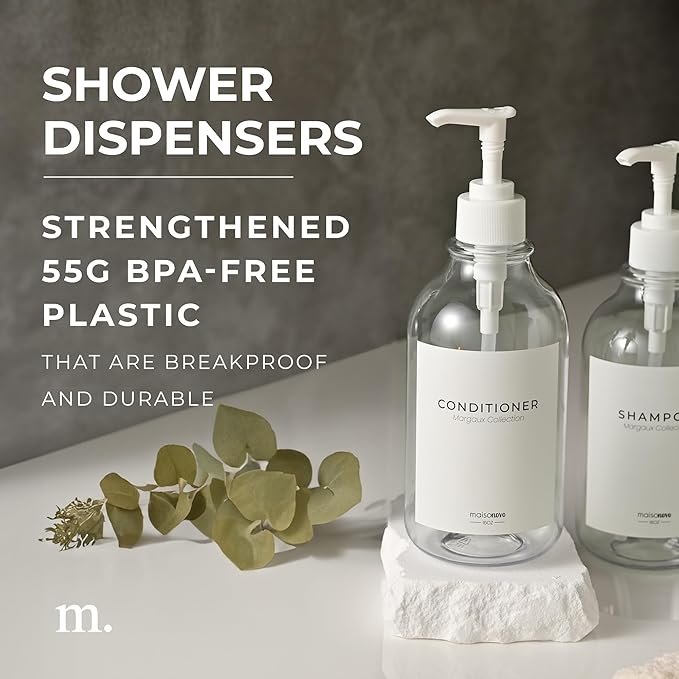 MaisoNovo Refillable Shampoo and Conditioner Bottles - 16.9 fl oz Set of 3 Clear Plastic Bottles White Pumps