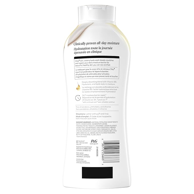 Olay Body Wash for Women, Ultra Moisture, 24/7 Moisture Barrier Repair, Hydrating Formula for Visibly Healthy Soft Skin, Vitamin B3 & Hyaluronic Blend, All Skin Types, Vanilla Creme Scent, 22 fl oz