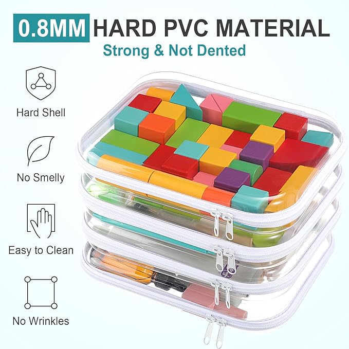Hoolerry 4 Pcs Hard Clear Zipper Case Makeup Bags Plastic Zipper Pouch Transparent Storage Box Containers for Cosmetics, Snacks, Building Blocks, Puzzles(Clear,9.8 x 7.9 x 2 in,White)