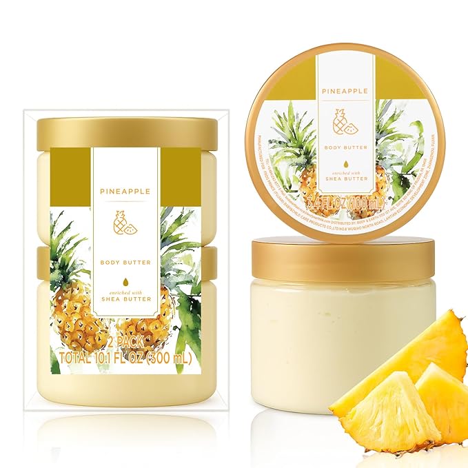 Princess Belle Pineapple Body Butter, Body Moisturizer for Dry Skin, Body Butter for Women Smell Good, Pineapple Gifts for Women-2 Pack (3.4floz + 6.8 floz)