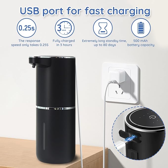 Liquid Soap Dispenser, Automatic Soap Dispenser, 13.5oz/400ml Automatic Soap Dispenser Touchless, USB Rechargeable 4 Level Adjustable Electric Hand Soap Dispenser, for Bathroom, Kitchen,Hotel