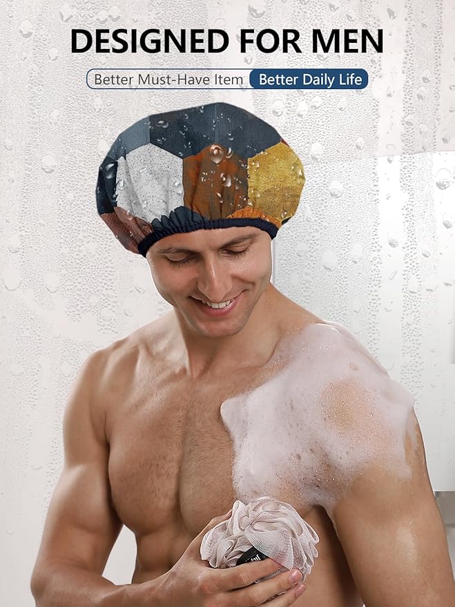 Years calm Men Shower Cap Reusable Waterproof, Dual-Layer Design, Double-Sided Use,Protects Hair in Shower, Spa,Travel & Cooking, Adjustable Elastic for Comfortable Fit (Colorful Geometric, One Size)