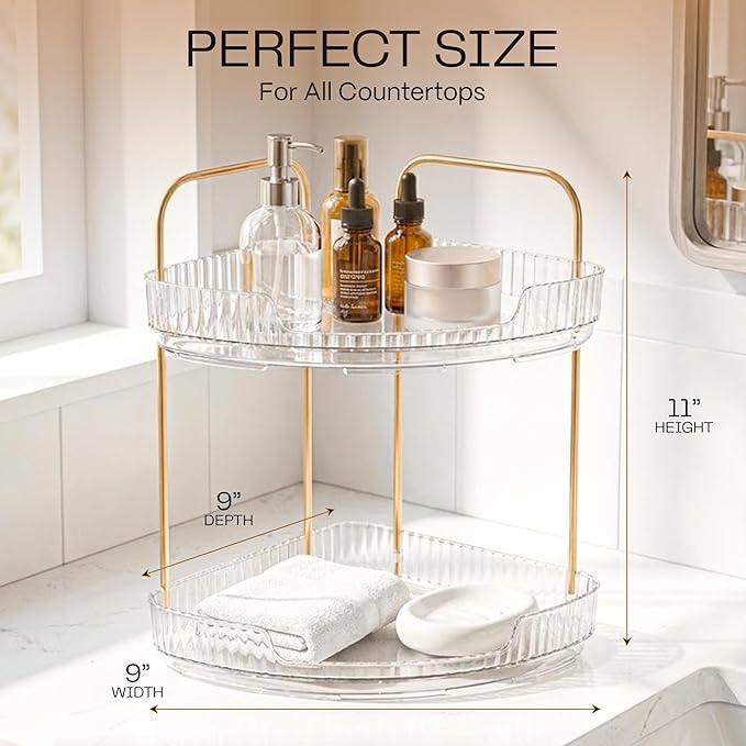 2-Tier Acrylic Corner Bathroom Organizer with Handle – Round Skincare & Makeup Storage Tray, Waterproof, Lightweight, Heat Resistant Vanity Shelf for Countertop, Kitchen, Bedroom, Dresser