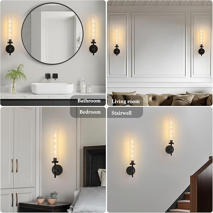 Brass Knurled Tube Wall Sconce - Luxury Modern Glass Sconces with Bulbs - Black Dimmable Indoor Lighting - Vertical Mounted Light Fixture for Vanity Mirror Bathroom Bedroom Living Room Hallway