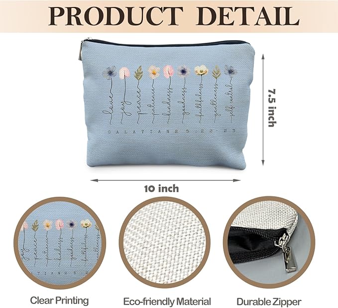 Christian Gifts Makeup Bag, Floral Christian Cosmetic Bags for Women, Galatians 5:22-23 Bible Verse Makeup Pouch（blue