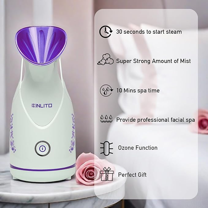 Nano Ionic Facial Steamer KINLITO Facial Steamer with Warm Mist Portable Face Humidifier for Deep Cleaning Unclog Pores with Blackhead Remover, Aromatherapy Kit for Personal Home SPA (Purple)