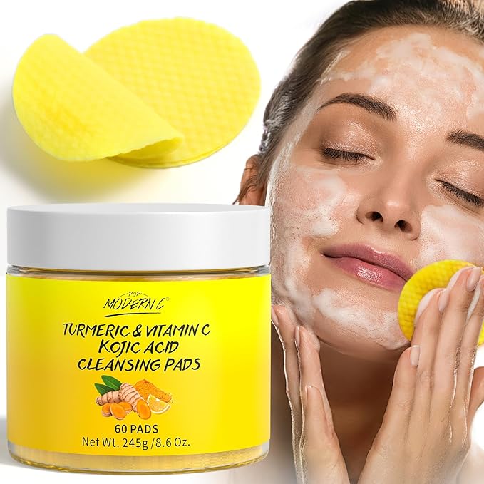 Turmeric Kojic Acid Cleansing Pads for Face 60 Pcs Turmeric Face Scrub for Dark Spots Vitamin C Exfoliating Pads Even Out Skin Tone with Exfoliating Cotton Rounds