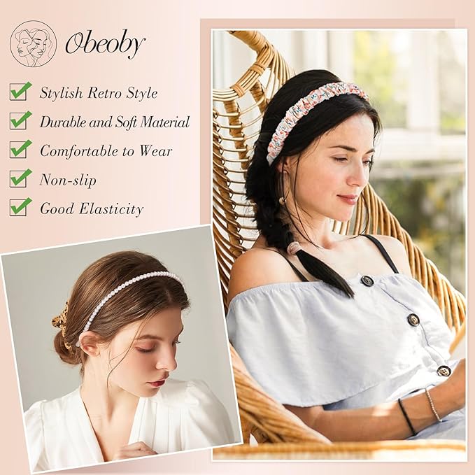 obeoby 8 Pack Pink Trendy Headbands, Multiple Styles Headbands for Hairstyle Management Non Slip Floral Pearl Hairband Gifts for Teen Girls