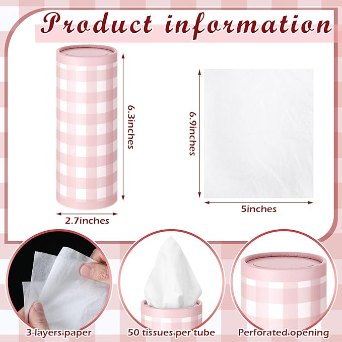 12 Pack Spring Tissue Boxes for Car Cylinder Bulk Colorful Plaid Round Cylinder Holder with 3 Ply Facial Tissues for Spring Easter Travel Bathroom Office Decoration Supplies
