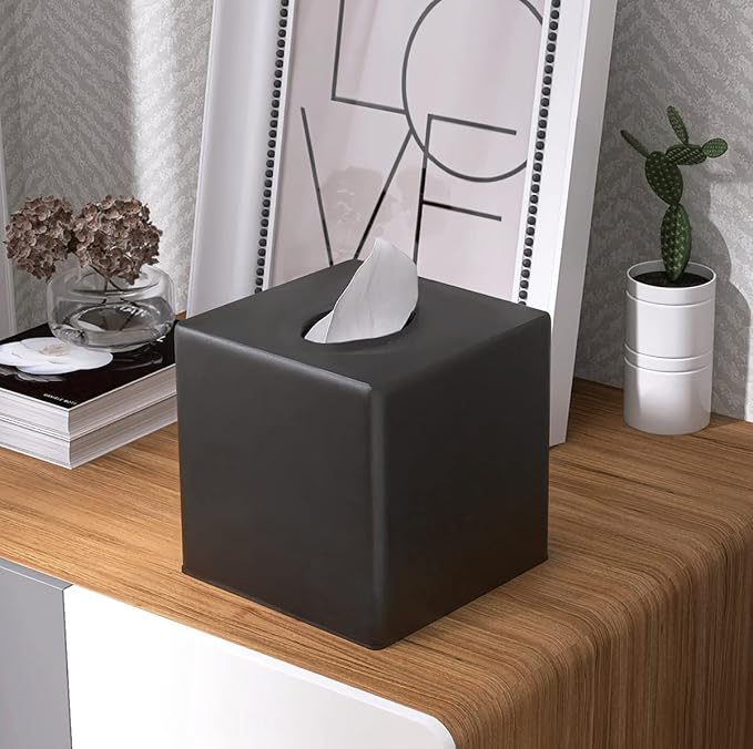 Tissue Box Cover, Square Facial Tissue Holder Storage for Bathroom Vanity, Countertops, Dressers, Night Stand, Parlors and Offices - Black