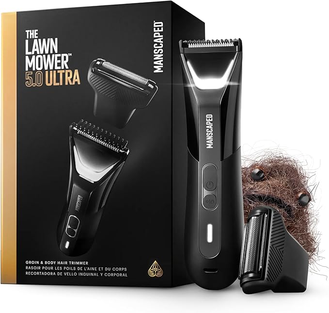 MANSCAPED® The Lawn Mower® 5.0 Ultra Groin & Body Hair Trimmer – Dual-Head SkinSafe® Trimmer & Foil Blades, Waterproof Wet/Dry Groomer, USB-C Rechargeable with Travel Case, Men’s Ball Shaver, Black