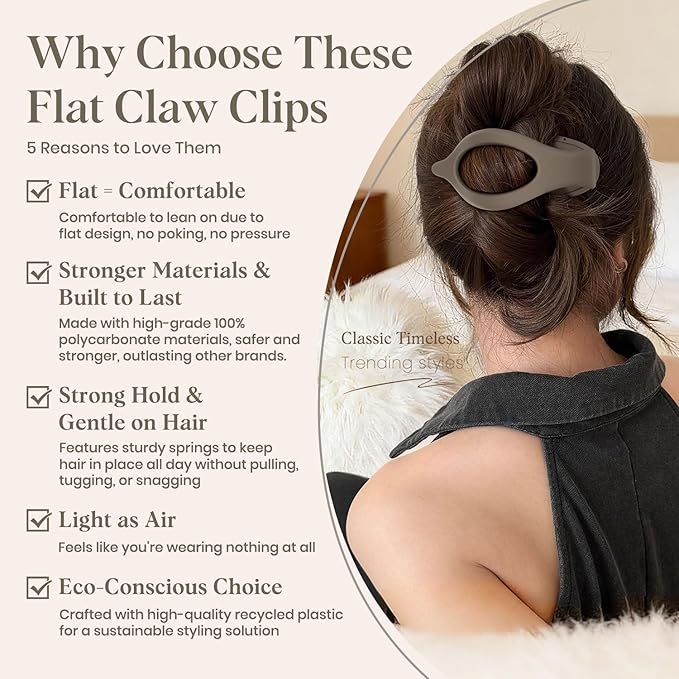 6 PCS Large Flat Hair Clips for Women Girls, French Concord Lay Down Flat Claw Clips for Thick Thin Hair, Comfortable Curved Hair Clip, Matte Non-slip Strong Hold Hair Accessories, Brown