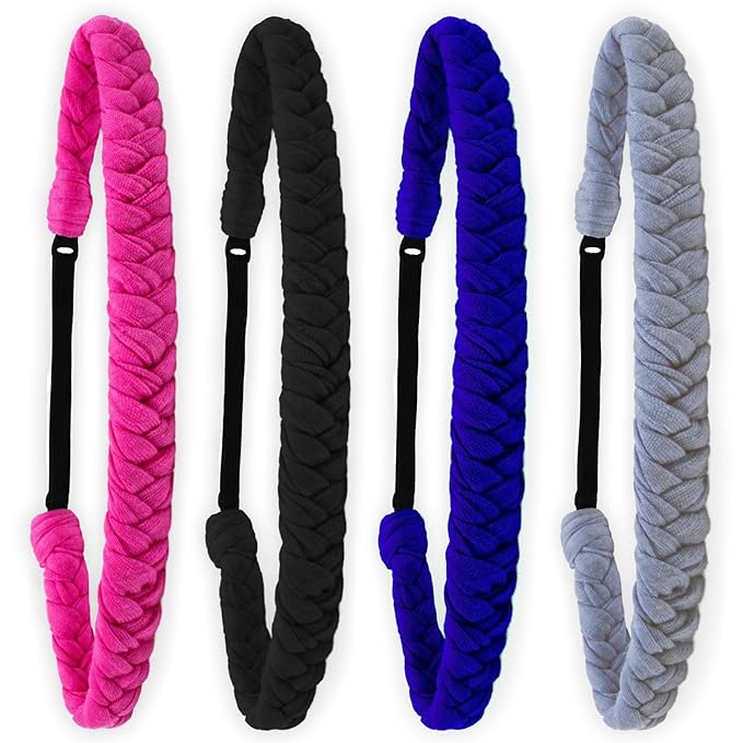 FROG SAC 4 Braided Headbands for Girls, Adjustable Braid Head Bands for Kids, Stretch Elastic Headband, Fabric Hairband Hair Accessories for Women, Easter Basket Fillers Stocking Stuffers (Solid)