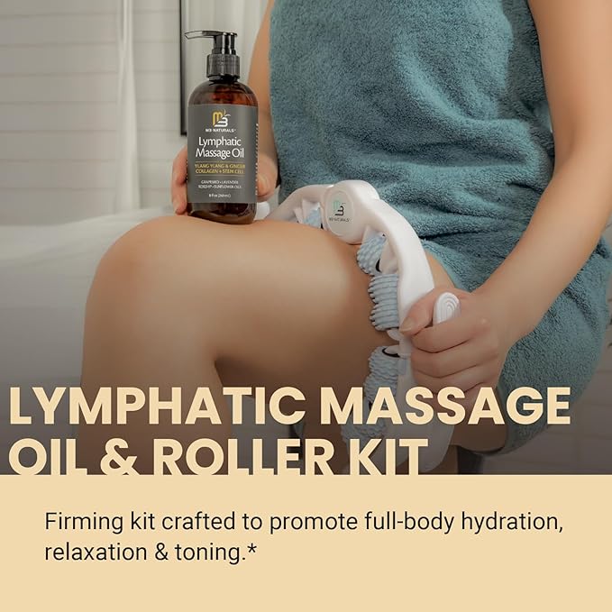 Lymphatic Drainage Massage Oil + Anti Cellulite Roller Kit - Ylang Ylang + Ginger Oil with Collagen & Stem Cells + Contouring Roller for Smooth, Firm-Looking Skin by M3