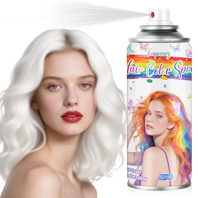 White Temporary Hair Color Spray for Girls & Women- Washable Root Touch Up Hair Dye, Non-Sticky Hair Wax for Christmas,Parties (120ML, White)