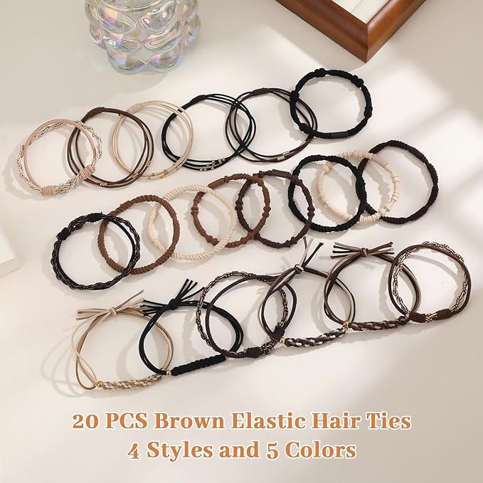 20 PCS Boho Hair Ties, Bracelets Hair Ties for Thick or Thin Hair, 5 Styles Boho Ties for Ponytail Holders, 2.36’’ Hair Ties No-Damage, Neutral Color