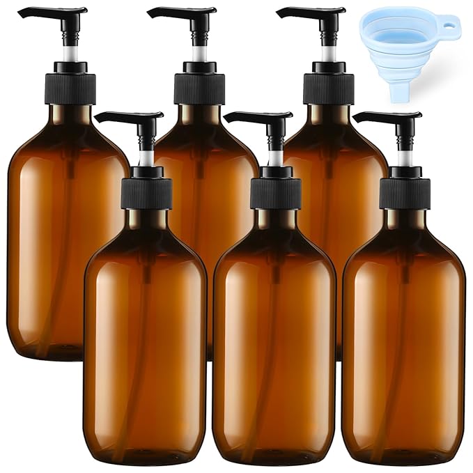 Sliner 6 Pcs Shampoo and Conditioner Dispenser Bottles 16.9 oz Plastic Shower Bottles with Pump and 1 Silicone Funnel Reusable Hand Soap Containers for Bathroom Shower(Amber)