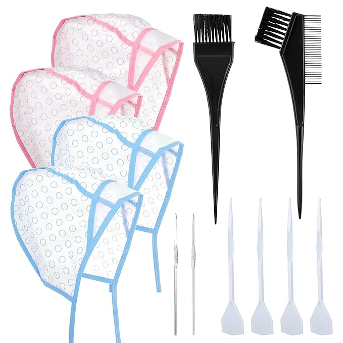 Bewudy 12 Pcs 4 Sets of Highlight Cap with Hooks, Hair Highlighting Caps, Highlight Hair Coloring Frosting Dye Kit for Salon Hair Dyeing Hairdressing (2 Blue + 2 Pink)