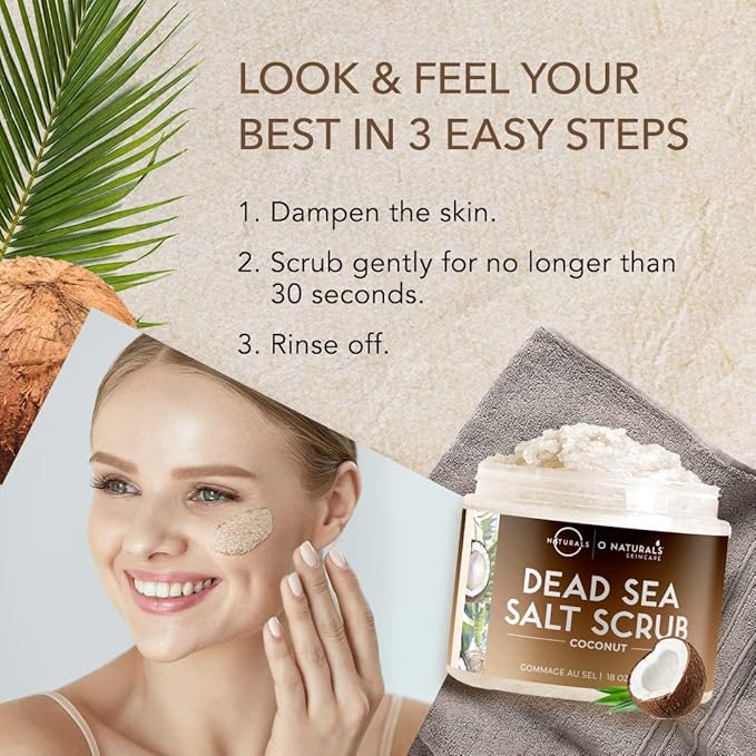 O Naturals Exfoliating Scrub, Natural Dead Sea Salt Deep-Cleansing Face & Body Scrubs. Anti-Cellulite Tones Helps Oily Skin, Acne, Ingrown Hairs & Dead Skin Remover - Coconut Oil 18oz