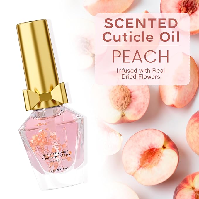 JIASHENG Cuticle Oil, Scented Cuticle Nail Oil Infused with Real Flowers, Hydrates, Moisturizes, Strengthens, Repairs, Revitalizing Cuticle Oils for Nails Damage Dry Cuticle, Peach, 12ml