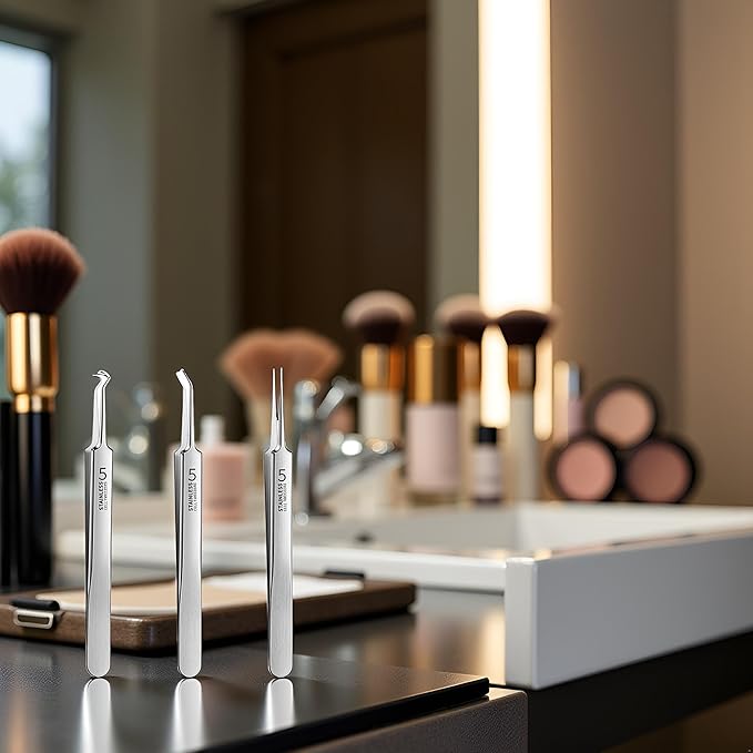 3 Pcs Silver Professional Blackhead Tweezer Professional Facial Blackhead Remover Tweezers Precision Extractor Acne Removal Kit Pimple Popper Tool with Storage Box Skin Care Tools