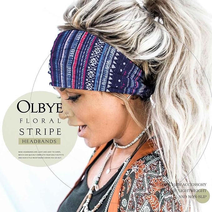 Olbye Wide Boho Headbands Floral Stretch Head Wraps Bohemian African Turban Hairbands Knotted Bandana Headband Yoga Running Head Scarfs Workout Hair Accessories for Women 4Pcs (Stylish, 9.4 * 5.9'')