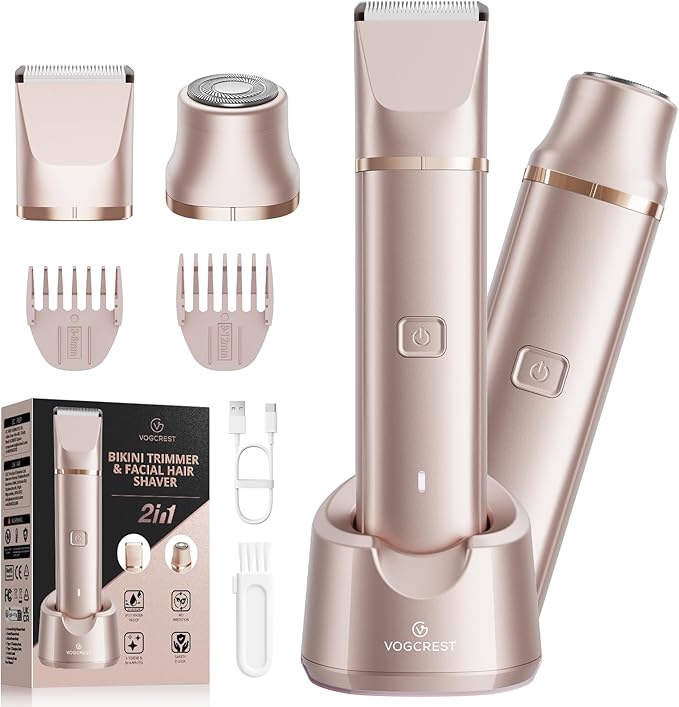 VG VOGCREST Bikini Trimmer for Women: 2-in-1 Rechargeable Painless Body Shaver - Portable Travel-Friendly Pubic Grooming Kit for Underarm Leg Arm