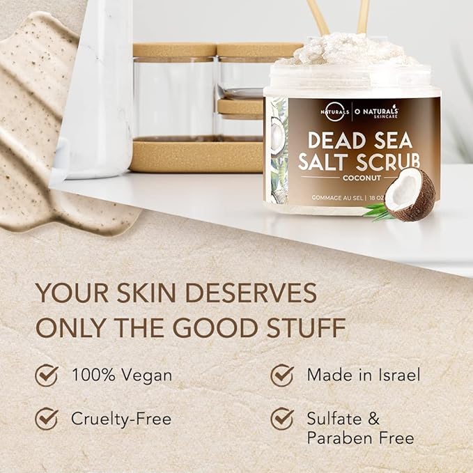 O Naturals Exfoliating Scrub, Natural Dead Sea Salt Deep-Cleansing Face & Body Scrubs. Anti-Cellulite Tones Helps Oily Skin, Acne, Ingrown Hairs & Dead Skin Remover - Coconut Oil 18oz