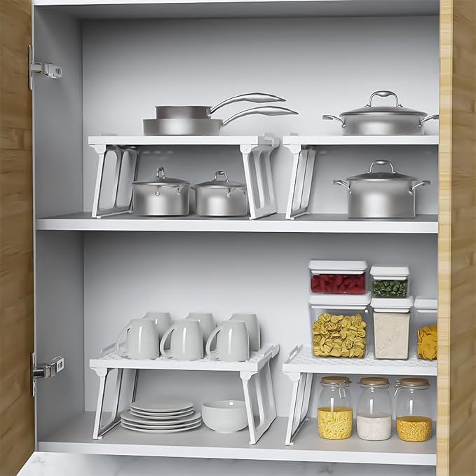 ums Plastic Kitchen Cabinet Shelf Organizer, White Plastic Stackable Freezer Rack, Shelf Riser, Usable Storage Rack for Your Spice, Refrigerator, Pantry (12 X 11 inch) Fridge Shelf Riser Pack Of 2