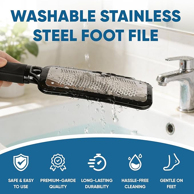 Foot File Callus Remover, Large Stainless Steel Foot Rasp, Heavy Duty Foot Scraper for Dead Skin and Hard Heels, Waterproof Pedicure Tools for at Home Foot Care