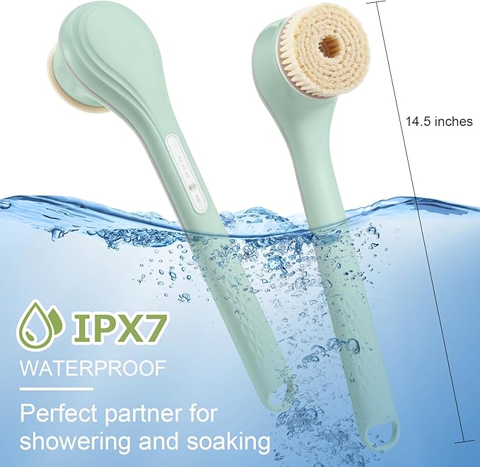 LINGSFIRE Electric Body Bath Brush, Rechargeable Back Scrubber for Shower, Long Handle Exfoliating Bath Brush for Shower, Lotion Applicator for Back, Silicone Body Scrubber with 6 Shower Brush Heads