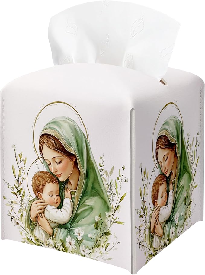 Holy Infant & Virgin Mary Square Tissue Box Cover, PU Leather Drawstring Bottom, for Office, Bathroom, Home Prayer Room, Christian & Catholic Friends, Colleagues, Employees | Decorative Organizer