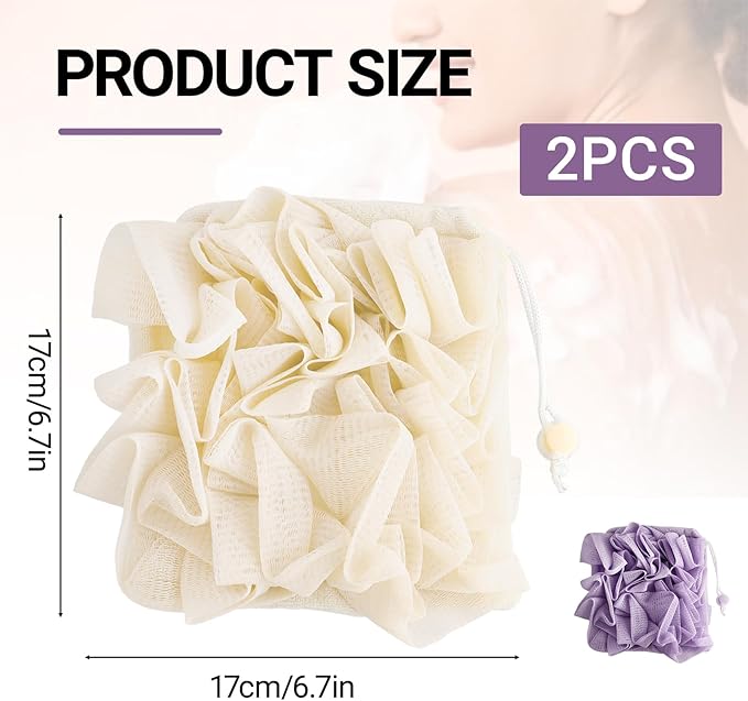 2 PCS Soap Bar Loofah, 2 in 1 Loofah Washcloth Combo, Bath Sponge with Drawstring, That Holds Bar Soap, for Cleansing and Smooth Skin (Beige, Purple)
