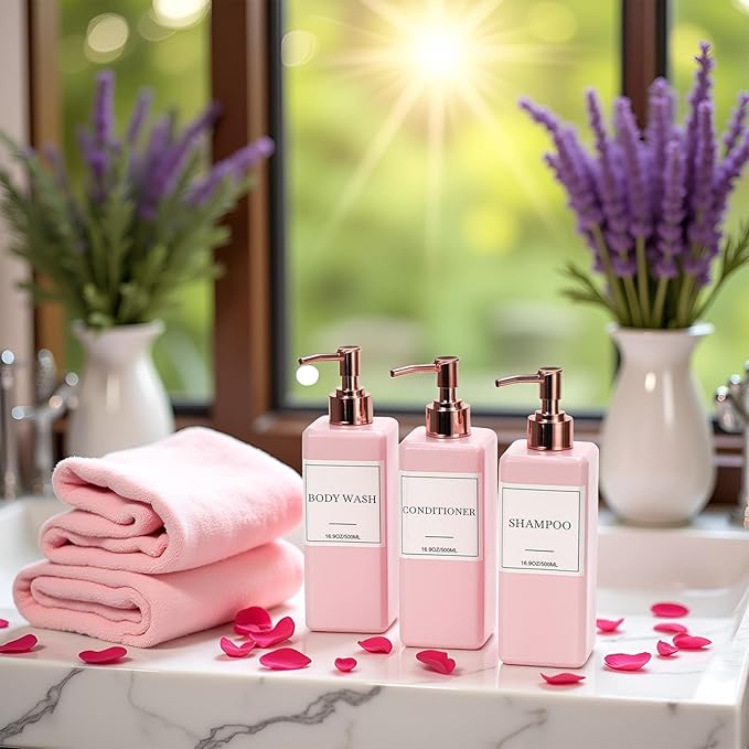 Shampoo and Conditioner Dispenser for Shower, Refillable Shampoo and Conditioner Bottles Body Wash Dispenser with Waterproof Labels, 3PCS Soap Dispenser Bathroom Pink Rose Gold Empty Pump Bottle