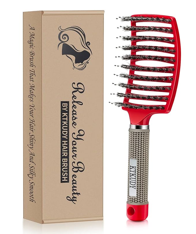 KTKUDY Detangling Hair Brush - Boar Bristle & Tangle-Free Design for Kids, Women, and Men - Perfect for Wet and Dry Hair - Smooth, Magical Pain-Free Styling (Red)