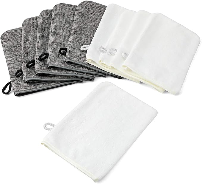 PHOGARY 10 Pack Microfiber Body Wash Mitts, Soft Face Mitten, Bath Spa Cloth, Reusable Makeup Remover Mitt Gloves, European Style Wash Cloth, 6×8 inch, White and Grey