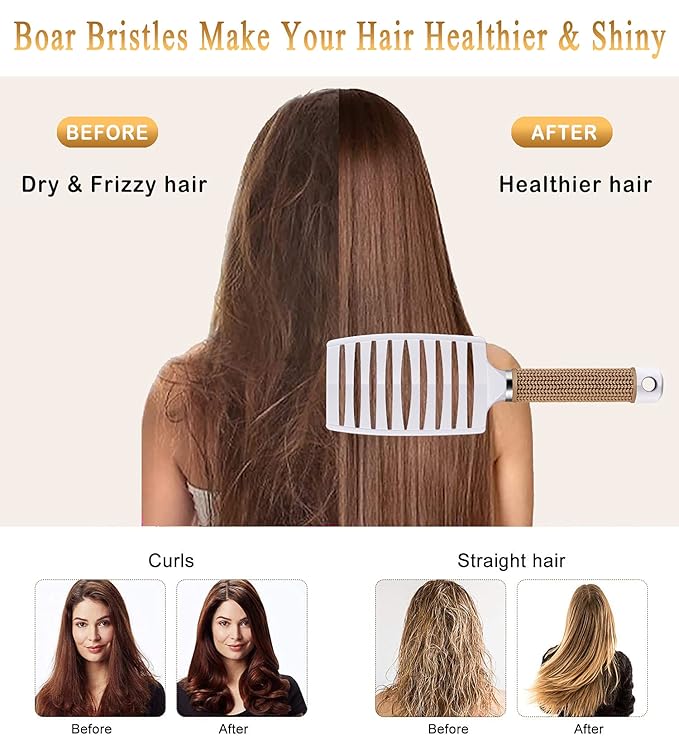 KTKUDY Detangling Hair Brush - Boar Bristle & Tangle-Free Design for Kids, Women, and Men - Perfect for Wet and Dry Hair - Smooth, Magical Pain-Free Styling (White)