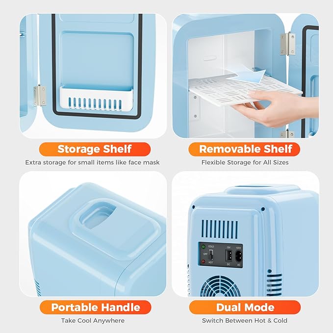 Mini Fridge, 4 Liter/6 Can Mini Makeup Fridge, 110V AC/ 12V DC Portable Thermoelectric Cooler&Warmer for Skincare, Drink, Cosmetic, Medicine, Small fridge for Bedroom, Office, Dorm, Car, Blue