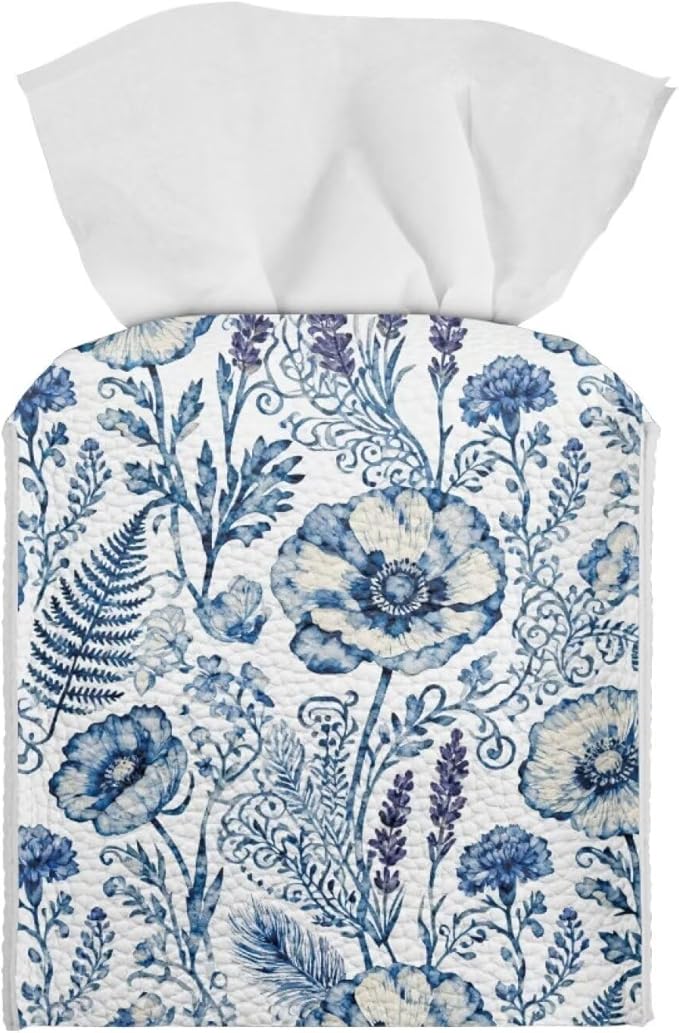 Blue Flowers Tissue Box Holder Square PU Leather Tissue Organizer Case with Metal Button Waterproof Napkin Holder for Home Office Car Automotive Decor