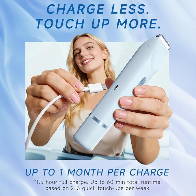 Bikini Trimmer for Women, Dual-Ended Electric Razor Personal Shaver for Bikini Line & Pubic Hair, Waterproof USB-C Rechargeable Body & Face Trimmer for Underarms & Legs (Sky Blue)