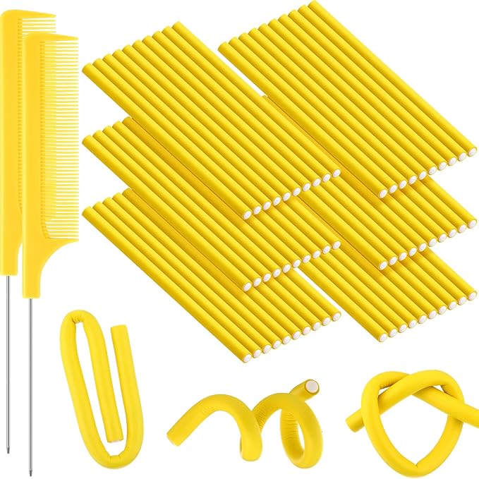 WILLBOND 60 Pieces Flexible Curling Rods Hair Curlers Rollers Twist Flexi No Heat Rods Rollers for Long Short Hair Women(0.4 x 9.5 Inch,Yellow)