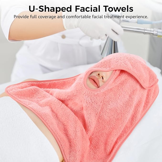 DIMEGON 12 Pcs Facial Towels for Estheticians, U-Shaped Coral Fleece Towels, Large Size with Split Face Hole Design, Easy to Clean, Machine Washable, Ultra Absorbent for Beautiful Salon, Pink