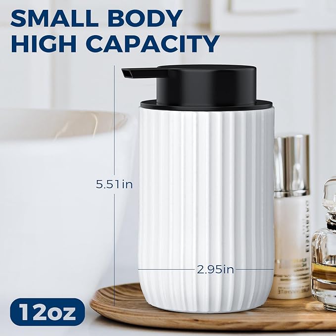 Ceramic Foaming Hand Soap Dispenser，12 oz Bathroom Soap Dispensers， Lotion Dispenser for Kitchen, Refillable Matte Streaks Soap Dispenser with Large Pump (White)