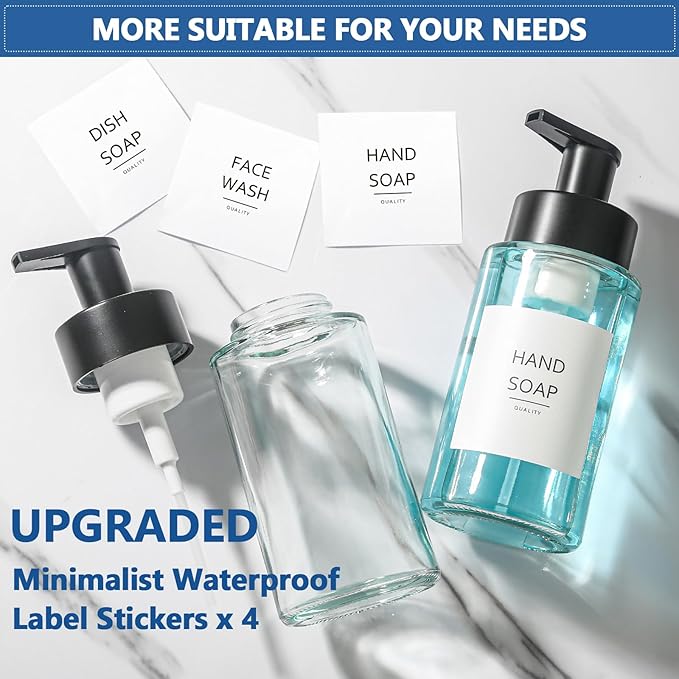 Foaming Soap Dispenser, 10 oz/300ml Foaming Hand Soap Dispenser, 3 Pack Glass Foaming Soap Dispenser for Bathroom & Kitchen, Clear Refillable Foam Soap Dispenser Bottle with Waterproof Labels